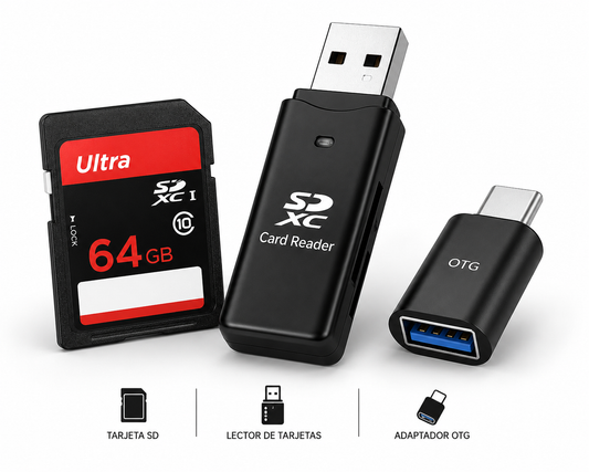 Tarjeta SD de 64 GB + Lector de tarjetas + Adaptador OTG